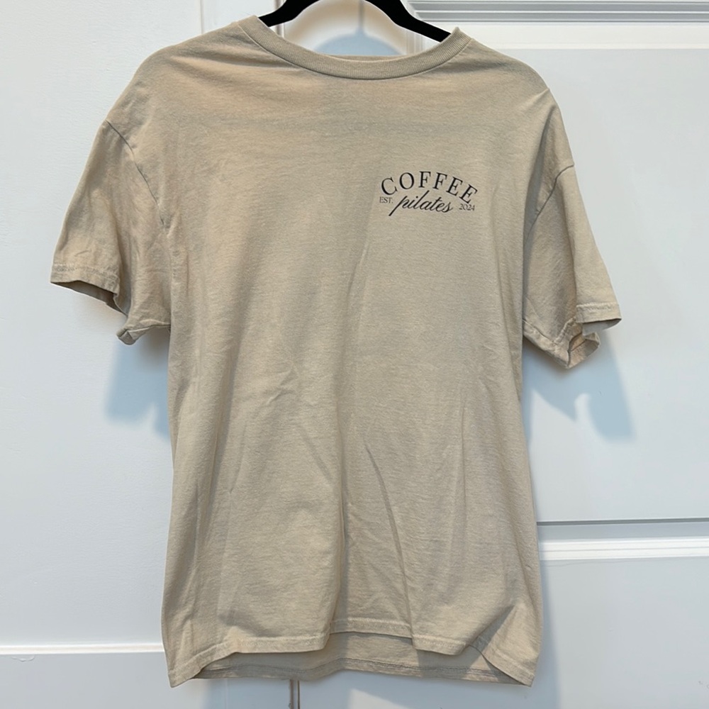 Beige “Coffee & Pilates” Etsy T-Shirt. Size M.